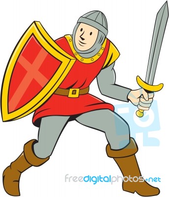 Medieval Knight Shield Sword Standing Cartoon Stock Image