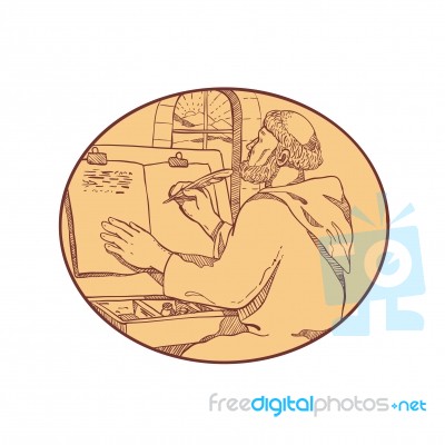 Medieval Monk Writing Illuminated Manuscript Drawing Color Stock Image