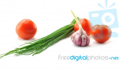 Mediterranean Food Ingredients: Spring Onions, Garlic And Tomato… Stock Photo