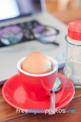 Medium Boiled Egg Breakfast On Work Station Stock Photo