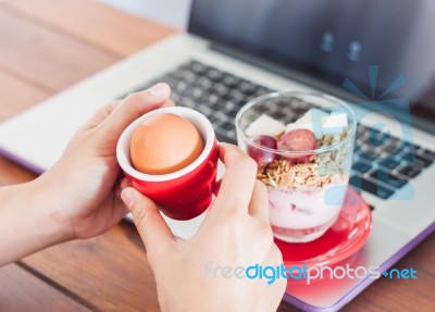 Medium Boiled Egg Breakfast With Granola On Work Station Stock Photo