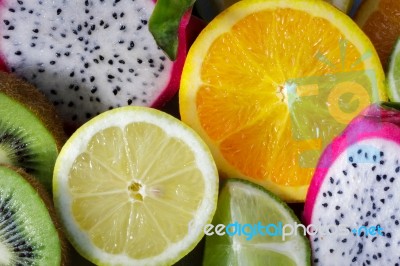 Medley Of Different Edible Fruit Ready To Eat Stock Photo