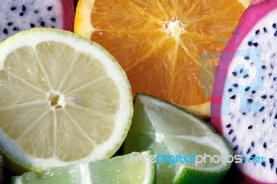 Medley Of Different Edible Fruits Ready To Eat Stock Photo