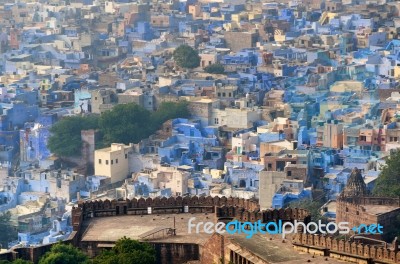 Mehrangarh Fort Overlooking The Famous Blue City In Jodhpur Stock Photo