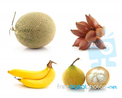 Melon, Banana, Santol , Salak Isolated On White Background Stock Photo