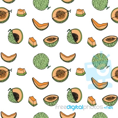 Melon, Cantalop Seamless Pattern By Hand Drawing On White Backgr… Stock Image