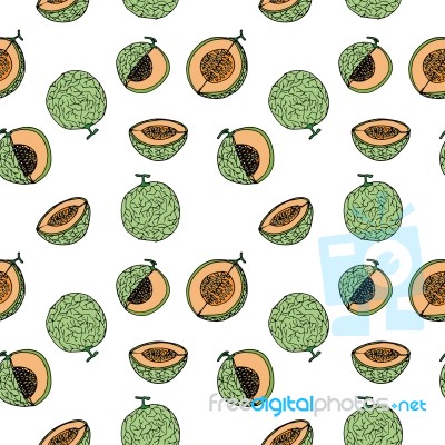 Melon, Cantalop Seamless Pattern By Hand Drawing On White Backgr… Stock Image