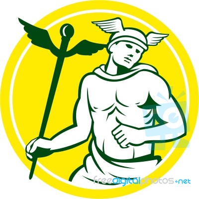 Mercury Holding Caduceus Staff Retro Stock Image