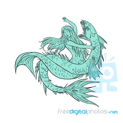 Mermaid Grappling With Sea Serpent Drawing Color Stock Image