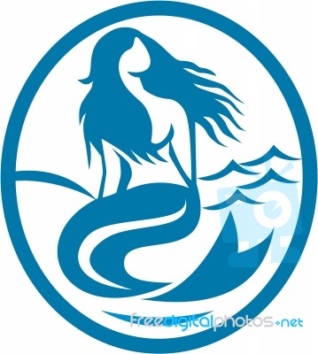 Mermaid Siren Sitting Singing Oval Retro Stock Image