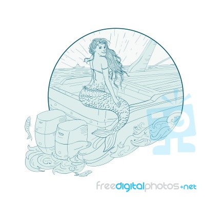 Mermaid Sitting On Boat Drawing Stock Image