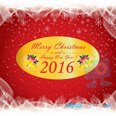 Merry Christmas And Happy New Year 2016. Bell And Christmas Tree On Red Background Stock Image