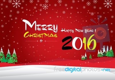 Merry Christmas And Happy New Year 2016. The White Snow And Green Christmas Tree On Red Background Stock Image