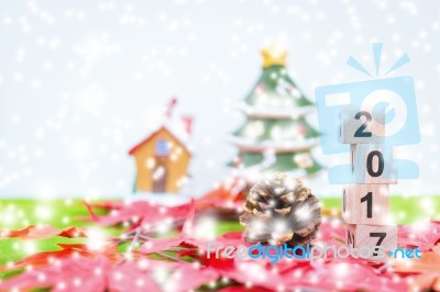 Merry Christmas And Happy New Year Background  And Number 2017 Text Stock Photo