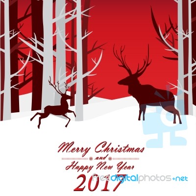 Merry Christmas And Happy New Year With Reindeer On Red Christmas Tree Background Stock Image