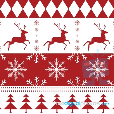 Merry Christmas And Reindeer With Snow On Red Pattern Background… Stock Image