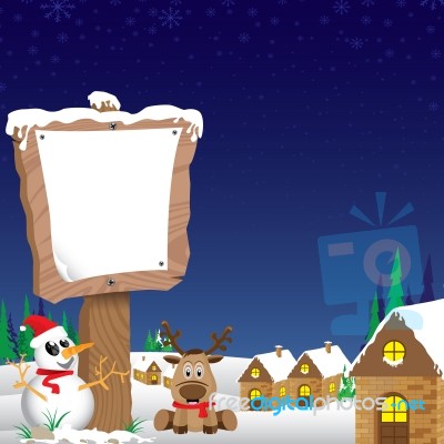 Merry Christmas Background. Snowman And Wooden Sign In Winter On Blue Night Sky Background Stock Image