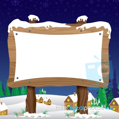 Merry Christmas Background. Wooden Sign In Winter On Blue Night Sky Background Stock Image