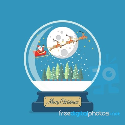 Merry Christmas Glass Ball With Santa Sleigh And Winter House Stock Image