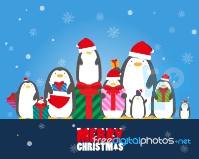 Merry Christmas Penguin Wear Santa Hat Holding Gift Stock Image