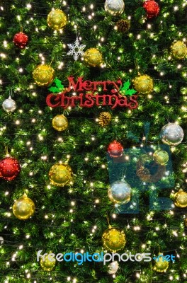 Merry Christmas Sign On The Tree Stock Photo