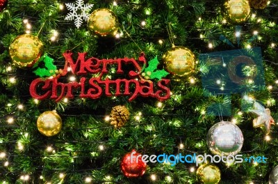 Merry Christmas Sign On The Tree Stock Photo