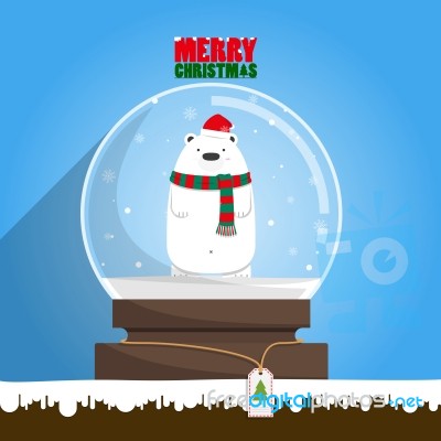 Merry Christmas White Polar Bear In Snow Globe Stock Image