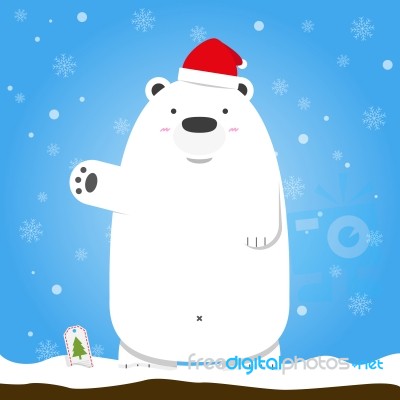 Merry Christmas White Polar Bear Wear Hat Standing Stock Image