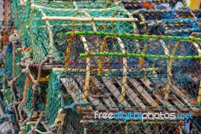 Mesh Net Shellfish Traps At Sea Port Stock Photo