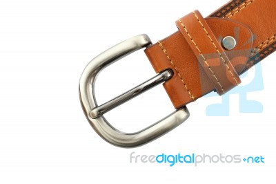 Metal Head Of Brown Belt On White Background Stock Photo