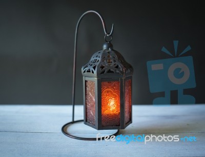 Metal Lantern With Red Glass With Space On Dark Background Stock Photo