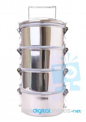 Metal Tiffin Carrier On White Background Stock Photo