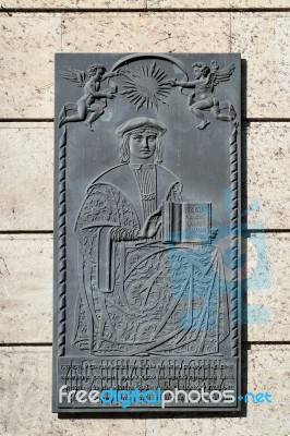 Metallic Plaque Outside The Municipal Library In Prague Stock Photo