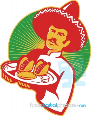 Mexican Chef Serving Taco Burrito Empanada Retro Stock Image