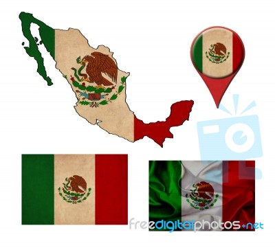 Mexico Flag, Map And Map Pointers Stock Image