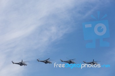 Mi-24 Attack Helicopters Fly On Military Parade Devoted To 70th Stock Photo