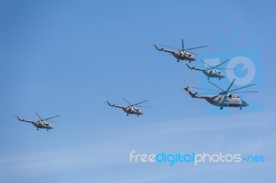 Mi-26 (halo) And Mi-8amtk (hip) Helicopters Fly On Military Para… Stock Photo