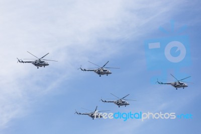 Mi-26 (halo) Helicopters Fly On Military Parade Devoted To 70th Stock Photo