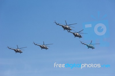 Mi-26 (halo) Helicopters Fly On Military Parade Devoted To 70th Stock Photo