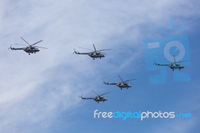 Mi-26 (halo) Helicopters Fly On Military Parade Devoted To 70th Stock Photo