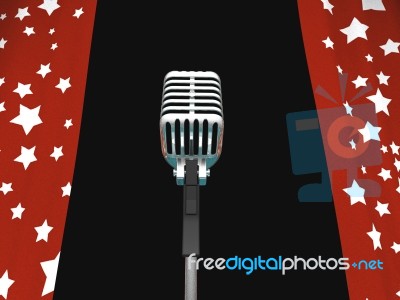 Microphone And Curtains Shows Concerts Or Talent Competition Stock Image