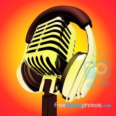 Microphone And Headphones Shows Recording Studio Or Performing Stock Image