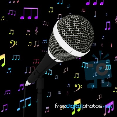 Microphone Closeup With Music Notes Shows Songs Or Hits Stock Image