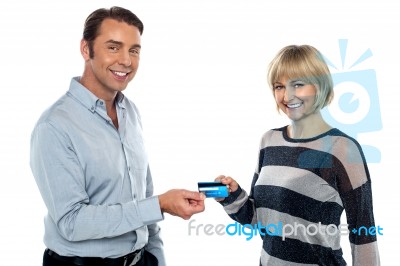 Middle Aged Couple Showing Cash Card To You Stock Photo