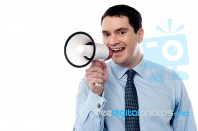 Middle Aged Man With Megaphone Stock Photo