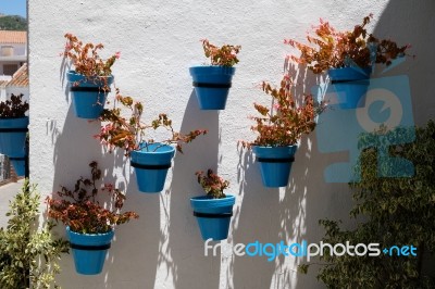 Mijas, Andalucia/spain - July 3 : Blue Flower Pots In Mijas   An… Stock Photo