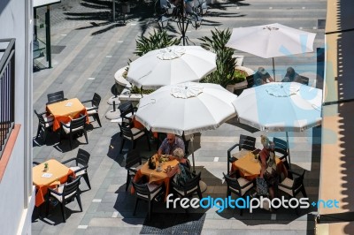 Mijas, Andalucia/spain - July 3 : Typical Street Cafe In Mijas Stock Photo