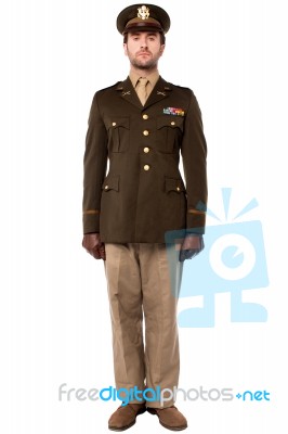 Military Officer In Attention Position Stock Photo