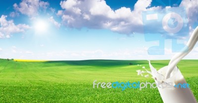 Milk Flowing Into Glass On Natural Background Stock Photo