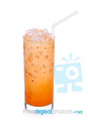 Milk Tea With Ice Isolated On The White Background Stock Photo